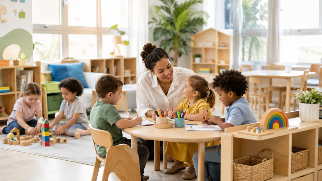 Bright, cozy preschool classroom interaction