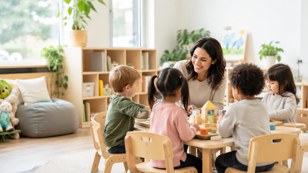Interactive play in a bright classroom